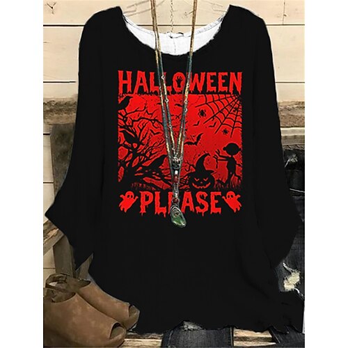 

Women's Plus Size Tops Blouse Shirt Letter Pumpkin Print Long Sleeve Crewneck Casual Halloween Halloween Vacation Polyester Fall Winter Red