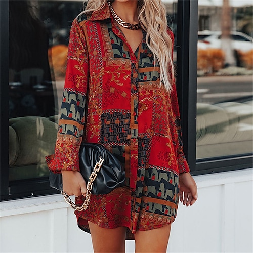 

Women's Shirt Dress Shift Dress Short Mini Dress Red Long Sleeve Floral Color Block Button Print Fall Winter Shirt Collar African 2022 S M L XL 2XL 3XL