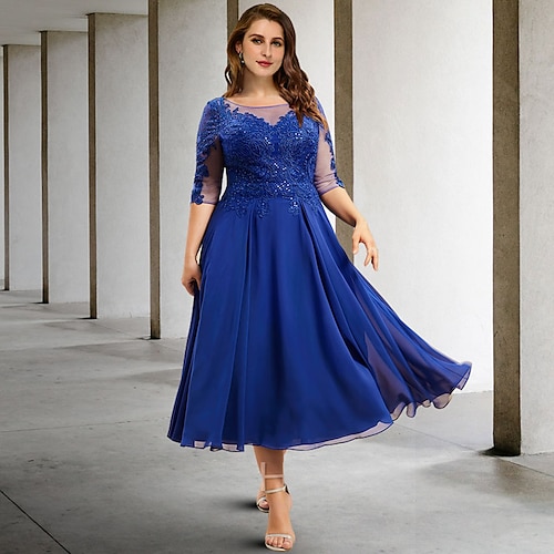 

A-Line Plus Size Curve Mother of the Bride Dresses Elegant Dress Formal Tea Length Half Sleeve Jewel Neck Chiffon with Pleats Sequin Appliques 2022