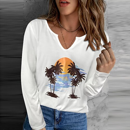 

Women's T shirt Tee Gray White Black Graphic Print Long Sleeve Casual Daily Basic V Neck Regular Floral Painting S