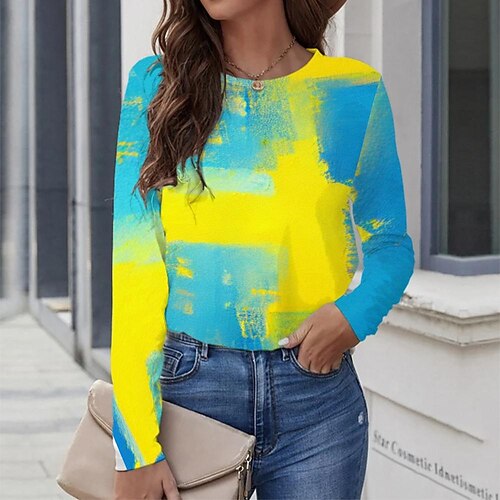 

Women's T shirt Tee Yellow Graphic Geometric Print Long Sleeve Casual Daily Vintage Round Neck Regular Geometric Painting S / 3D Print
