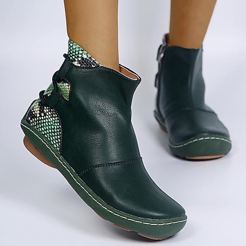 

Women's Boots Outdoor Daily Plus Size Booties Ankle Boots Winter Lace-up Flat Heel Round Toe Vintage Casual PU Leather Suede Zipper Leopard Green Red Brown