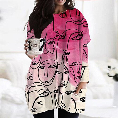 

Women's Plus Size Casual Dress Abstract Round Neck Long Sleeve Fall Winter Casual Short Mini Dress Causal Daily Dress