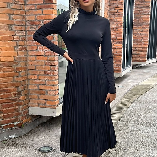 

Women's A Line Dress Modern Dress Midi Dress Green Black Blue Wine Long Sleeve Pure Color Pleated Zipper Patchwork Fall Winter High Neck Fashion Modern 2022 S M L XL