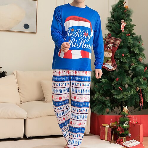 

Men's Christmas Pajamas Sleepwear Pajama Set Pajama Top and Pant 2 Pieces Graphic Prints Fashion Comfort Soft Home Christmas Bed Cotton Blend Breathable Crew Neck Long Sleeve Basic Winter Fall Blue
