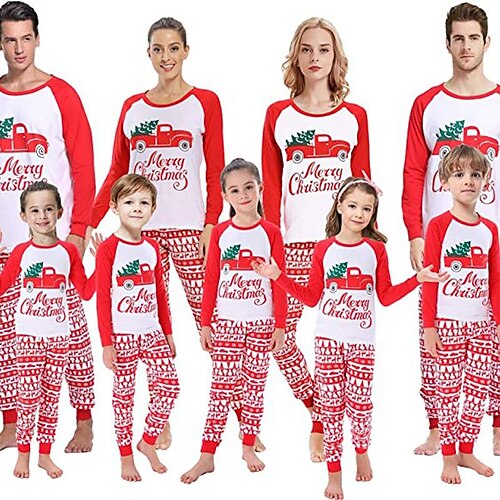 

Family Look Christmas Pajamas Christmas pattern Letter Home White Long Sleeve Daily Matching Outfits