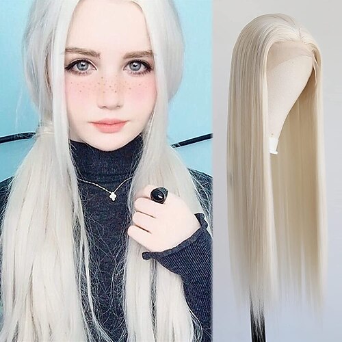 

Platinum Blonde Wig Long Straight Synthetic Lace Front Wigs for Women #60 Middle Part High Temperature Fiber Hand Tied Natural Hairline Cosplay Daily Wear