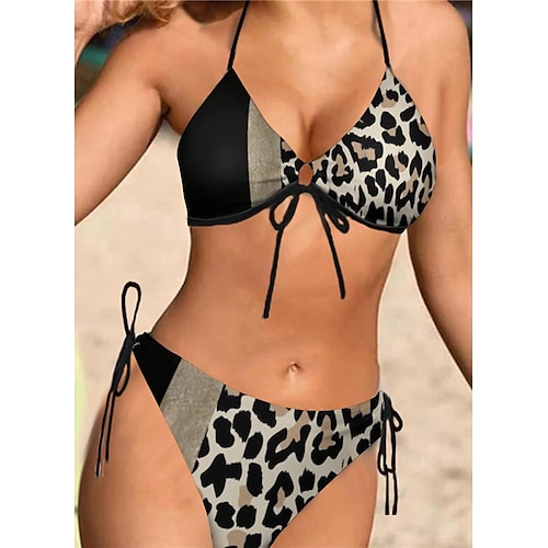 

Women's Swimwear Bikini 2 Piece Normal Swimsuit Halter Open Back Printing Leopard Gradient Color Black Purple Halter V Wire Bathing Suits Sexy Vacation Fashion / Spandex / Modern / New