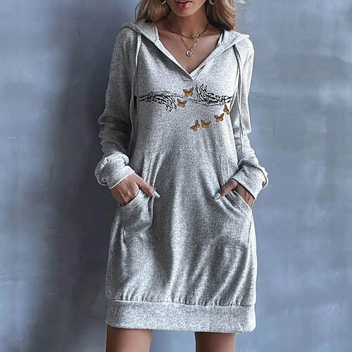 

Women's Pullover Hoodie Dress Active Streetwear Long Pocket Print Black White Gray Skull Butterfly Daily Hooded Long Sleeve