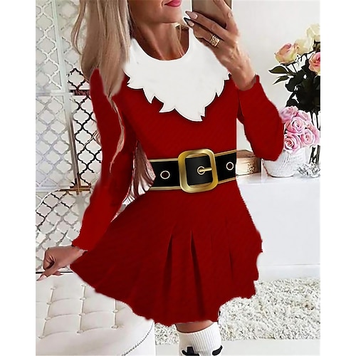 

Women's Casual Dress Swing Dress Short Mini Dress Red Long Sleeve Santa Claus Print Fall Winter Round Neck Vacation Casual Christmas 2022 S M L XL 2XL 3XL 4XL 5XL 6XL / 3D Print