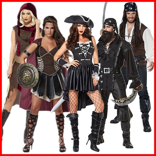 

Pirates of the Caribbean Couples' Costumes Men's Women's Movie Cosplay Cosplay Halloween Brown Black Top Dress Pants Halloween Carnival Masquerade Polyester / Headpiece / Sleeves / Hat / Waist Belt