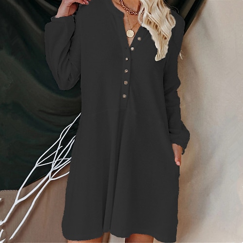 

Women's Casual Dress Shirt Dress Shift Dress Black Blue Pink Long Sleeve Pure Color Knit Winter Fall Autumn V Neck Classic Winter Dress Fall Dress 2022 S M L XL 2XL 3XL