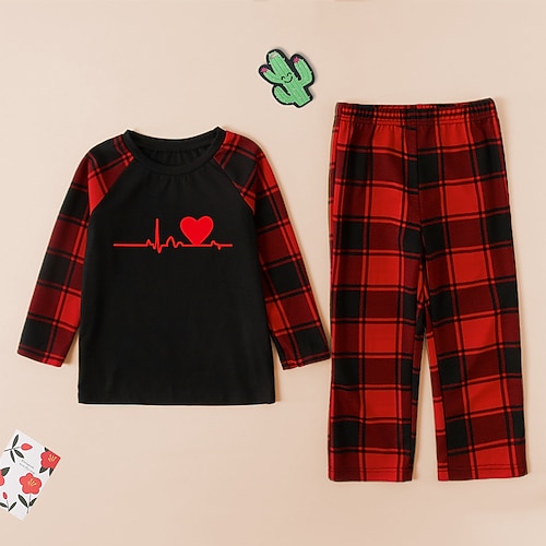 

2 Pieces Kids Unisex Christmas Clothing Set Outfit Graphic Plaid Heart Long Sleeve Patchwork Set Indoor Daily Sweet Fall Spring 2-8 Years Black