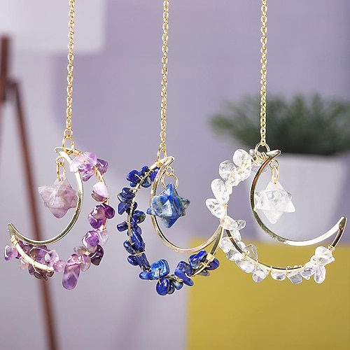 

natural crystal gravel moon pendant merkaba pentagram hand-woven wind chime pendant decoration gift