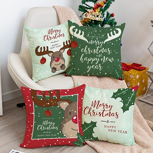 

Christmas Double Side Pillow Cover 4PC Green Gold Soft Decorative Square Cushion Case Pillowcase for Bedroom Livingroom Sofa Couch Chair Superior Quality Machine Washable