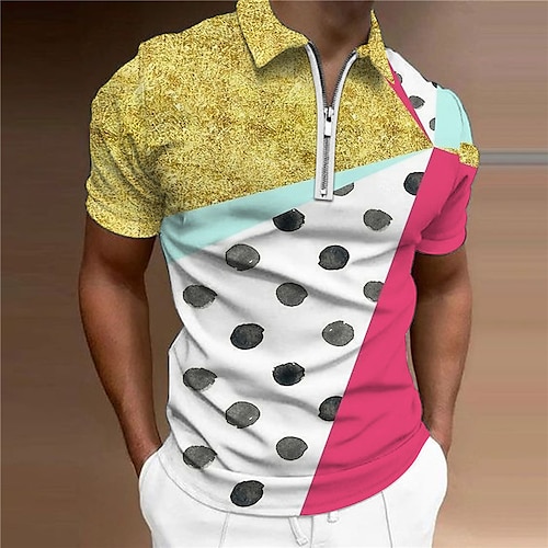 

Men's Collar Polo Shirt Golf Shirt Polka Dot Color Block Turndown Yellow 3D Print Outdoor Street Short Sleeves Zipper Print Clothing Apparel Fashion Designer Casual Breathable / Summer / Spring