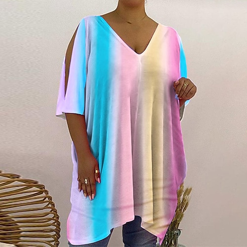 

Women's Plus Size Tops T shirt Tee Tie Dye Striped Print Half Sleeve V Neck Casual Festival Daily Vacation Cotton Spandex Jersey Fall Winter White Purple