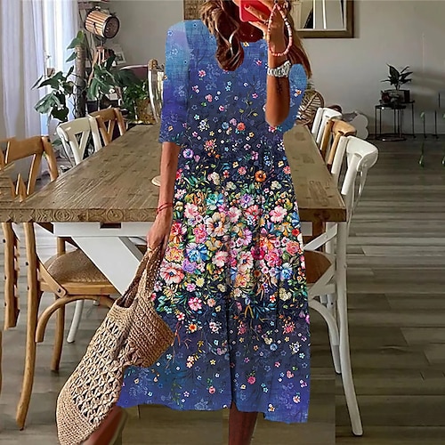 

Women's Casual Dress Shift Dress Midi Dress Blue Purple Yellow 3/4 Length Sleeve Floral Ruched Winter Fall 2022 S M L XL XXL 3XL