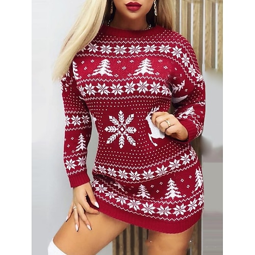 

Women's Sweater Jumper Dress Shift Dress Short Mini Dress Red Long Sleeve Snowflake Knit Fall Winter Crew Neck Casual Christmas 2022 S M L XL