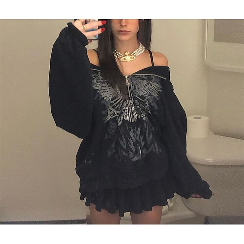 

Women's Hoodie Sweatshirt Punk Casual Zipper Black Abstract Casual Hoodie Long Sleeve S M L XL