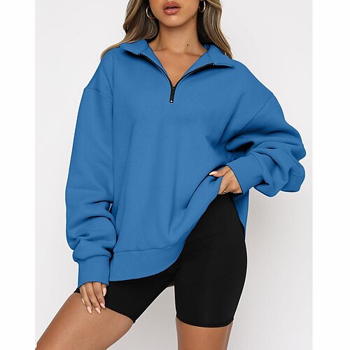 

Women's Hoodie Zipper Solid Colored Basic Sports Shirt Collar Standard Spring Blue Apricot Grey White Black