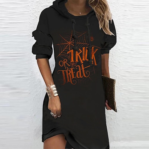 

Women's Hoodie Dress Shift Dress Short Mini Dress Black Long Sleeve Letter Print Fall Winter Hooded Vacation Casual Halloween 2022 S M L XL XXL 3XL / 3D Print