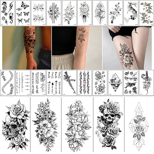 

25 Sheets Long Lasting Flower Temporary Tattoos For Women Arm Neck Jellyfish Sunflower Moon Rose Fake Tattoos For Adults Girl 3D Temp Realistic Snake Tatoo Stickers Serpent Peony Floral Kids