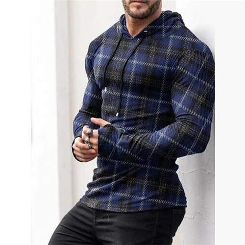 

Men's T shirt Tee Graphic Tartan Hooded Blue 3D Print Outdoor Street Long Sleeve Print Clothing Apparel Basic Sports Designer Breathable