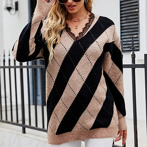 

Women's Pullover Sweater jumper Jumper Ribbed Crochet Knit Tunic Knitted Hole Striped V Neck Stylish Casual Outdoor Daily Winter Fall Khaki S M L / Long Sleeve / Holiday / Regular Fit / Going out