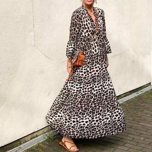 

Women's Shift Dress Swing Dress Boho Dress Long Dress Maxi Dress Grey White Long Sleeve Leopard Print Winter Fall Autumn V Neck Modern Winter Dress Fall Dress Loose Fit 2022 S M L XL 2XL 3XL
