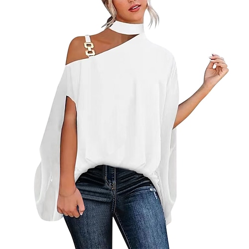 

Women's Blouse Shirt White Black Plain Lace Trims Short Sleeve Daily Weekend Streetwear Casual One Shoulder Regular Loose Fit S