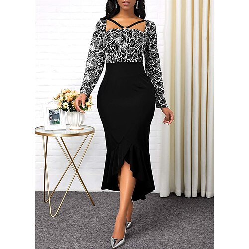 

Women's Bodycon Sheath Dress Midi Dress Black Long Sleeve Print Patchwork Plus High Low Fall Winter Square Neck Stylish Formal 2022 S M L XL 2XL 3XL 4XL 5XL