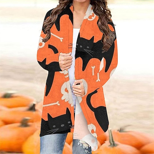 

Women's Casual Jacket Windproof Warm Outdoor Halloween Vacation Casual Daily Print Cardigan V Neck Comfortable Street Style Halloween Cat Regular Fit Outerwear Long Sleeve Winter Fall Blue Light