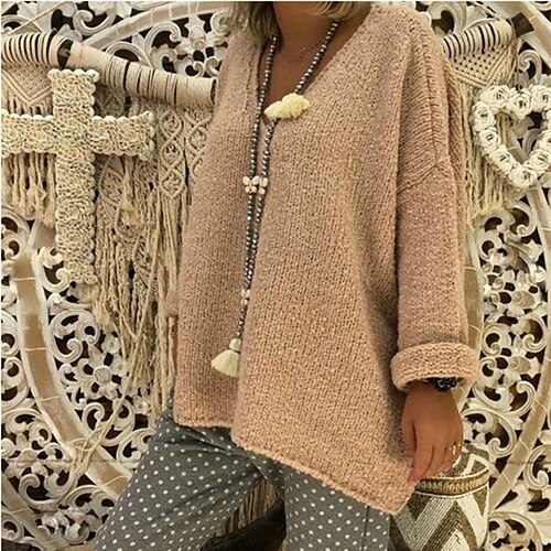 

Women's Pullover Sweater Jumper Ribbed Knit Tunic Knitted Pure Color Deep V Stylish Casual Outdoor Daily Fall Winter Khaki Orange S M L / Long Sleeve