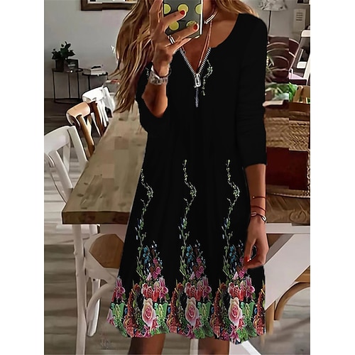 

Women's Casual Dress Green Black Pink Long Sleeve Floral Zipper Winter Fall Autumn V Neck Winter Dress Fall Dress 2022 S M L XL 2XL 3XL 4XL 5XL 6XL