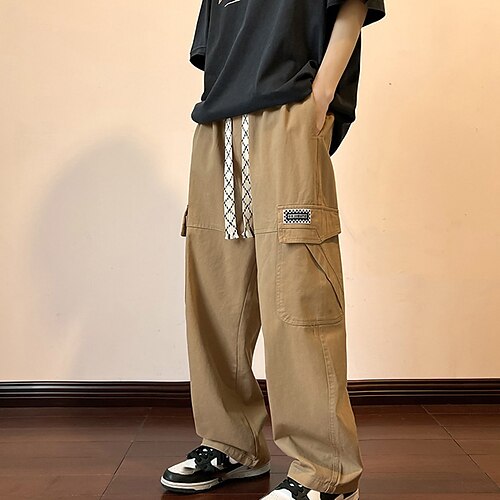 

Men's Trousers Casual Pants Pocket Drawstring Elastic Waist Solid Colored Comfort Soft Daily Streetwear Loose Black Khaki Micro-elastic / Elasticity