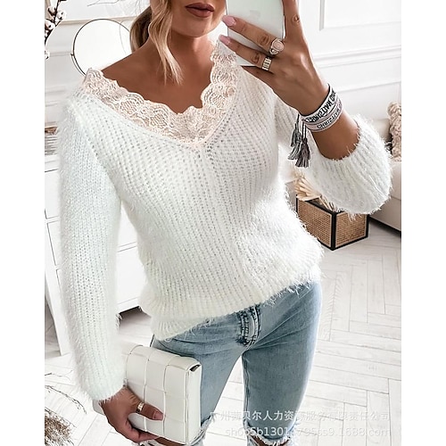 

Spot Foreign Trade-2021 Europe And The United States New White Lace Stitching Long-Sleeved Sweater