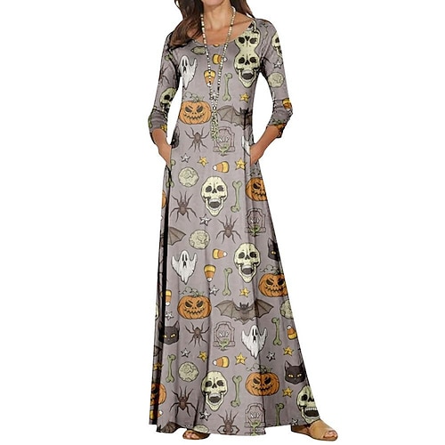 

Women's Casual Dress A Line Dress Maxi long Dress Gray Long Sleeve Skull Pumpkin Ghost Print Fall Winter Crew Neck Fashion Modern 2022 2XS XS S M L XL 2XL 3XL 4XL / Cotton / 3D Print