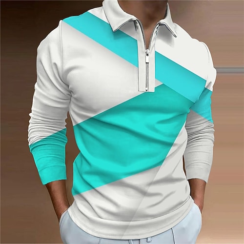 

Men's Collar Polo Shirt Golf Shirt Geometric Turndown Blue-Green Yellow Royal Blue 3D Print Outdoor Street Long Sleeve Zipper Print Clothing Apparel Fashion Designer Casual Breathable