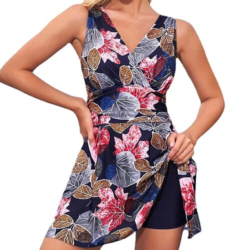 

Damen Badeanzug Tankini 2 Stück Übergröße Bademode Rückenfrei Bedruckt Blatt Blau V-Wire Ausschnitt Badeanzüge neu Urlaub Casual / Süß / Modern