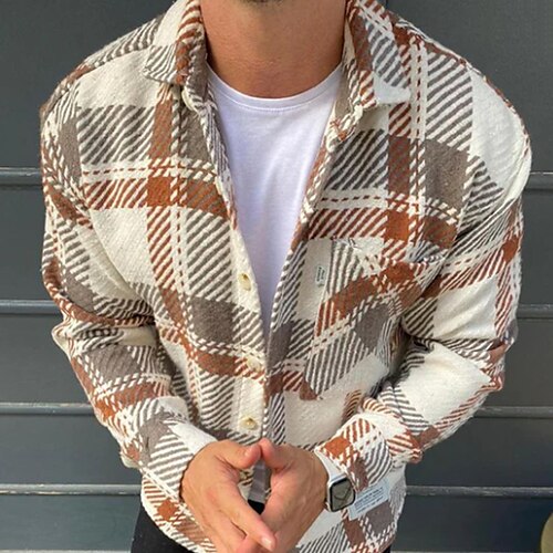 

Men's Shirt Overshirt Shirt Jacket Plaid Check Turndown Beige Long Sleeve Street Daily Button-Down Tops Basic Fashion Casual Comfortable