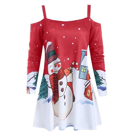 

robe de noël pour femme mini robe courte bleu rouge noir à manches longues bonhomme de neige flocon de neige épaule froide impression automne hiver spaghetti sangle élégant moderne 2022 s m l xl