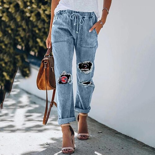 

Women's Pants Trousers Distressed Jeans Denim Blue Fashion Casual Weekend Side Pockets Cut Out Micro-elastic Ankle-Length Comfort Graphic S M L XL XXL / Ripped / Print