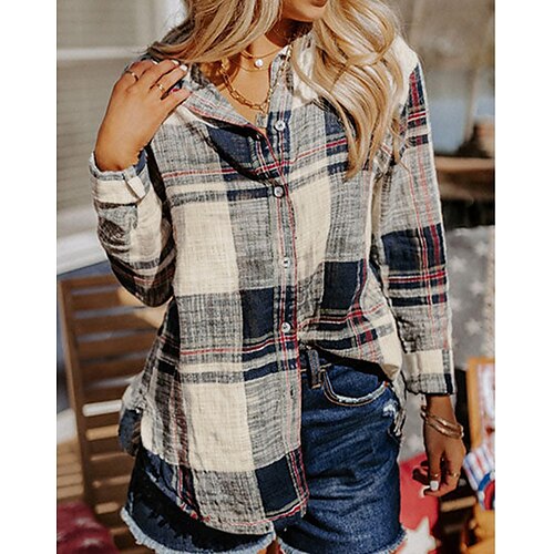 

Women's Blouse Shirt Gray Plaid Button Print Long Sleeve Daily Weekend Streetwear Shirt Collar Regular S / 3D Print