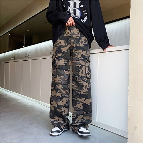 

Men's Trousers Casual Pants Pocket Elastic Waist Wide Leg Camouflage Solid Colored Comfort Soft Daily Holiday Streetwear Streetwear Loose White Black Micro-elastic / Spring / Elasticity