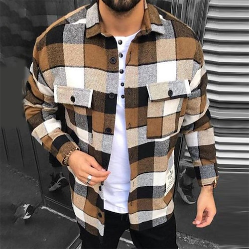 

Men's Shirt Jacket Shacket Overshirt Plaid / Check Turndown Coffee Street Daily Long Sleeve Button-Down Clothing Apparel Cotton Basic Fashion Casual Comfortable