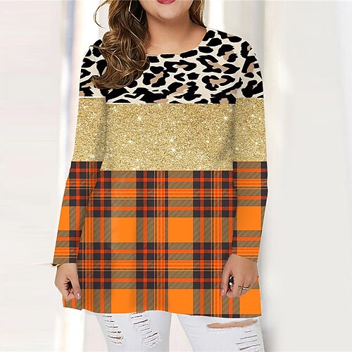 

Women's Plus Size Tops T shirt Tee Leopard Plaid Print Long Sleeve Crewneck Casual Festival Halloween Halloween Daily Cotton Spandex Jersey Fall Winter Yellow Orange / 3D Print