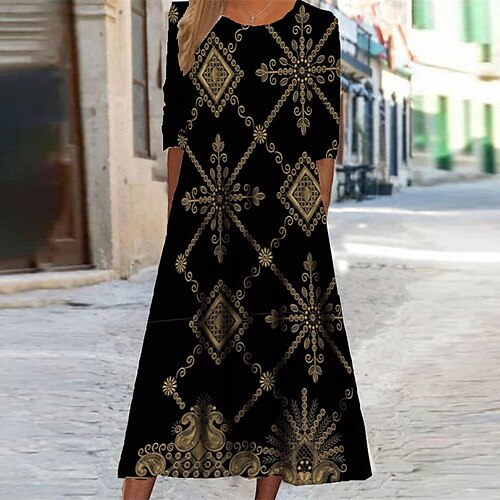 

Women's Casual Dress Swing Dress Midi Dress Midi Dress Black Yellow Half Sleeve Floral Pocket Winter Fall Autumn Round Neck Vacation Winter Dress Fall Dress 2022 S M L XL XXL 3XL