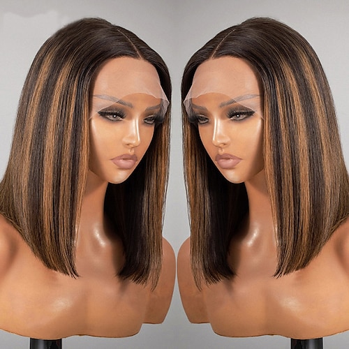 

Remy Human Hair 13x4 Lace Front Wig Bob Short Bob Free Part Brazilian Hair Straight Multi-color Wig 130% 150% Density with Baby Hair Highlighted / Balayage Hair Natural Hairline 100% Virgin