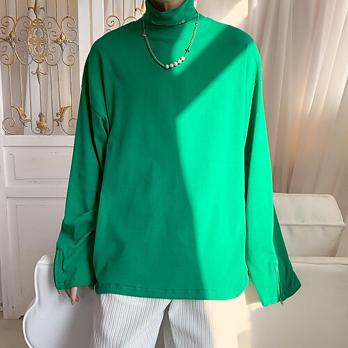 

Men's T shirt Tee Solid Color Stand Collar Green White Black Blue Pink Long Sleeve Daily Holiday Zipper Tops Cotton Streetwear Casual Comfortable